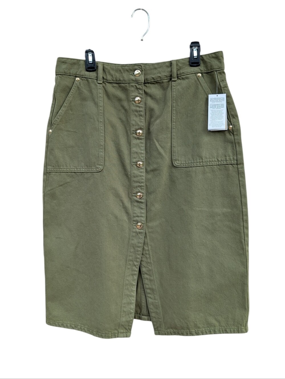 MICHAEL KORS Denim Midi Button-Front Utility Skirt In Smoky Olive NWT